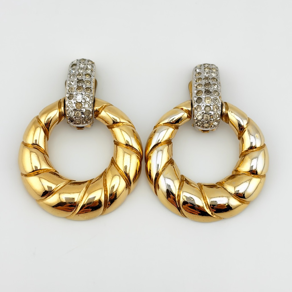 Rare Vintage Vogue Bijoux Crystal Embellished Doorknocker Gold Plated Earrings